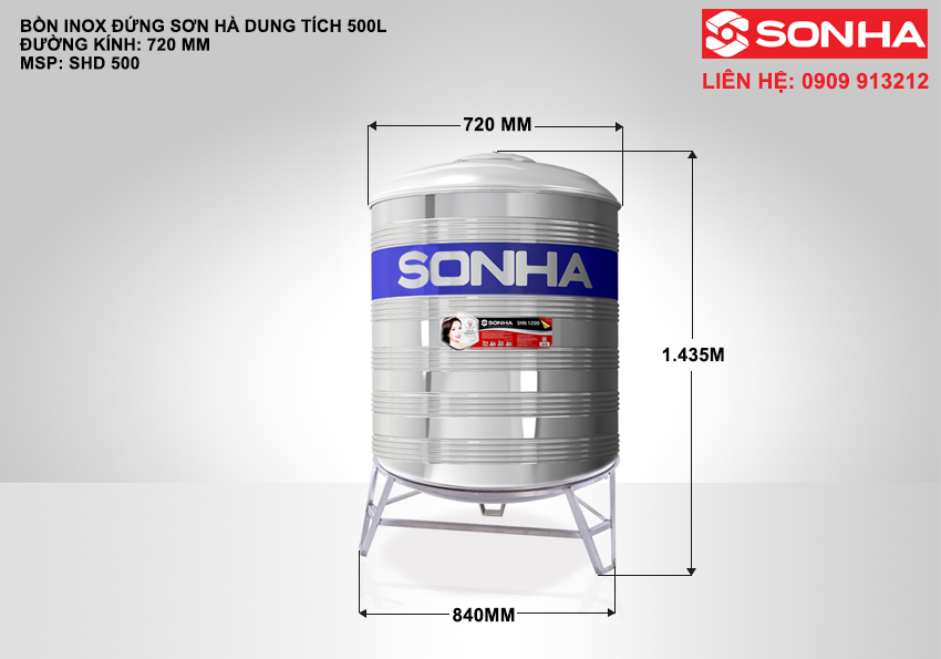 Kích thước bồn nước inox 500 lít đứng